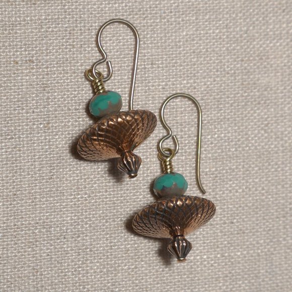 Hand Crafted Handmade Earrings Teal & Copper UFO Saucer Bead Earrings - Picture 1 of 5
